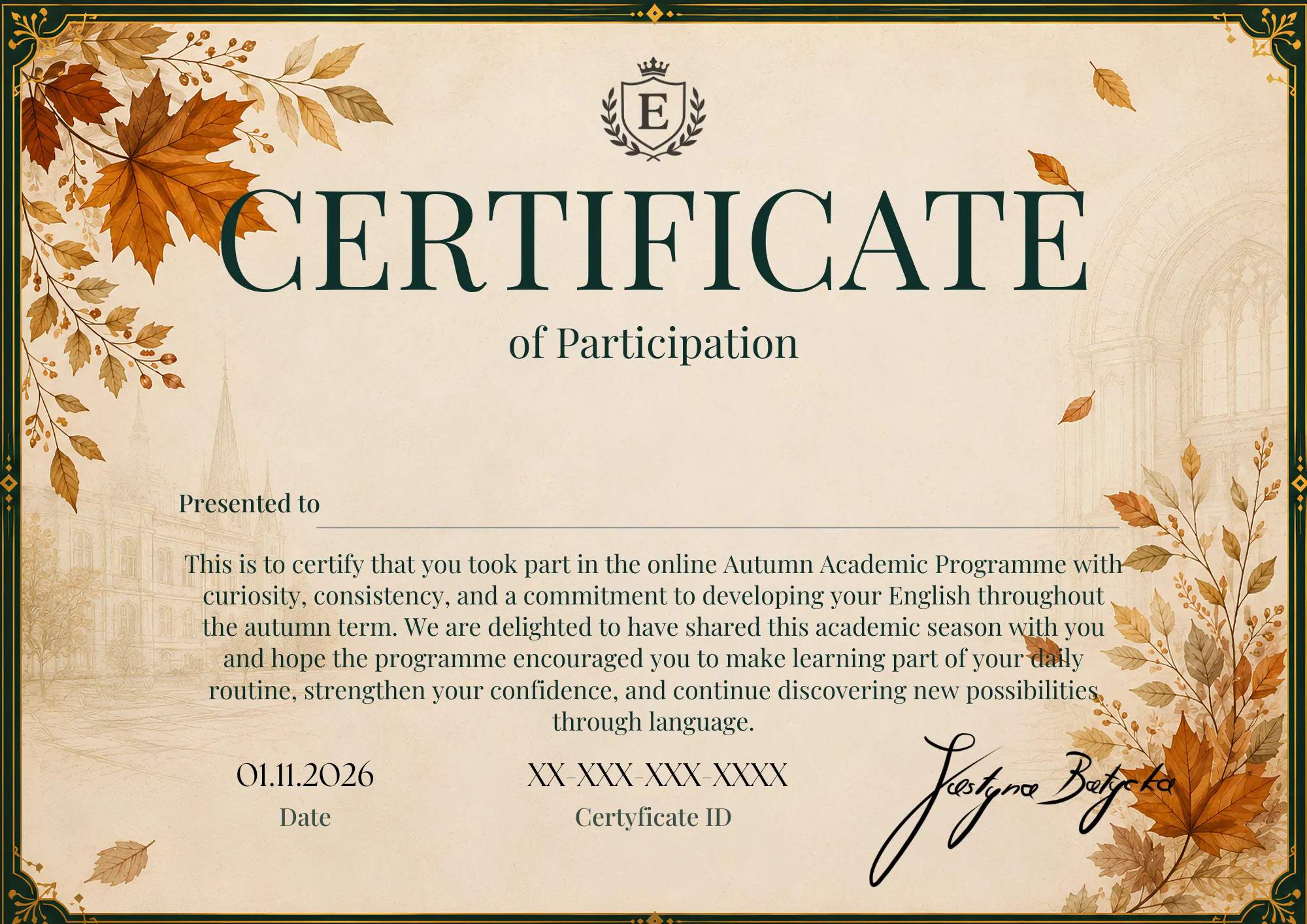 Certyfikat Autumn Academic Programme