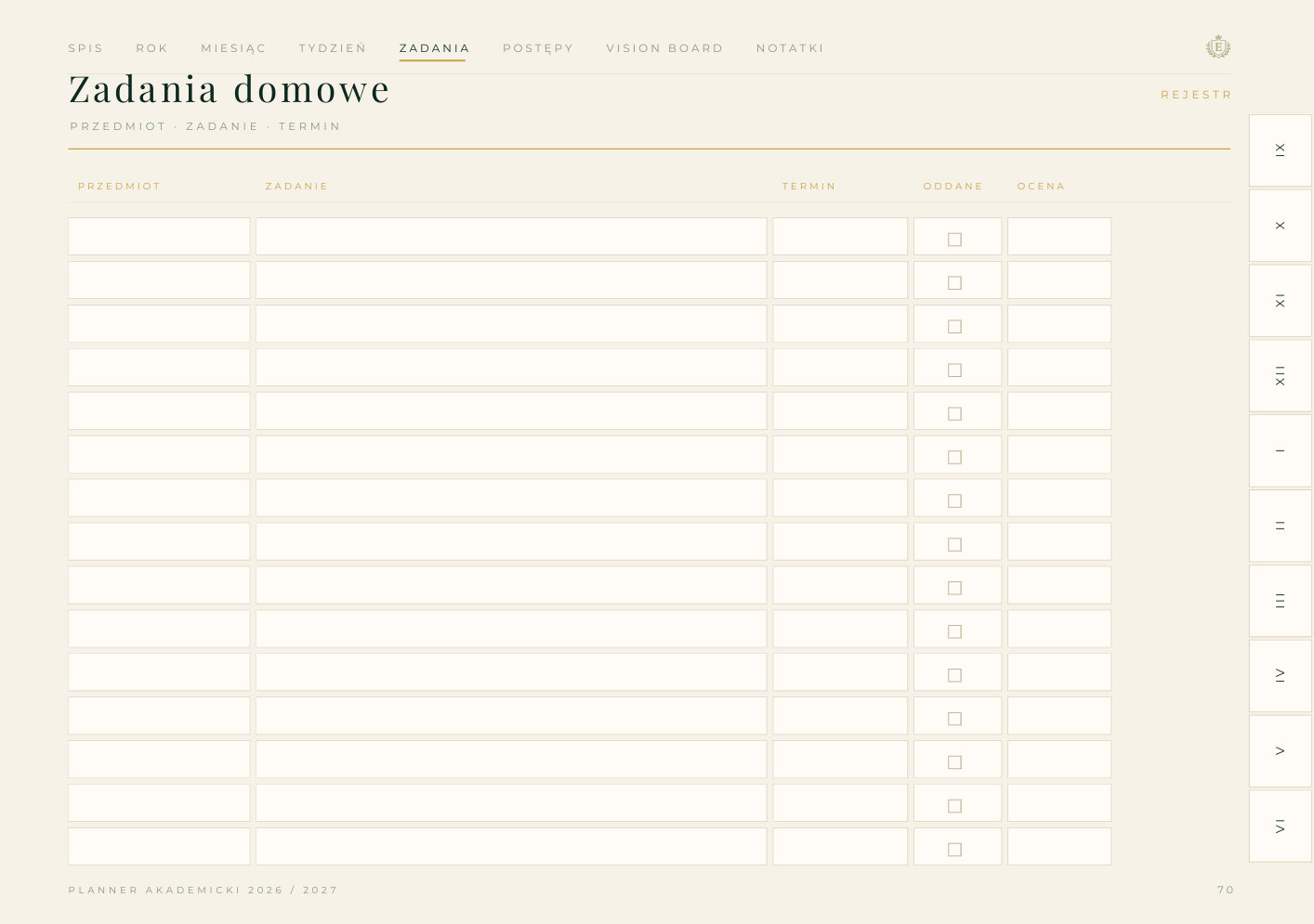 Rejestr zadań domowych Planner Akademicki
